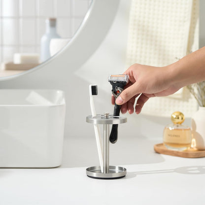 Black Stainless Toothbrush Holder Stand: Rustproof Bathroom Countertop Organizer, 4 Ventilated Slots Hold Manual Toothbrushes, Razor