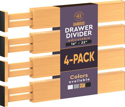 4-Pack Drawer Dividers 2.6-Inch High Dresser Organizer 16 to 22 Inch, Black | Bamboo, Spring Loaded, No Tools Needed, Fits Wide Drawers for Socks, Clothes, Utensils, Bedroom, Bathroom, Kitchen, Office