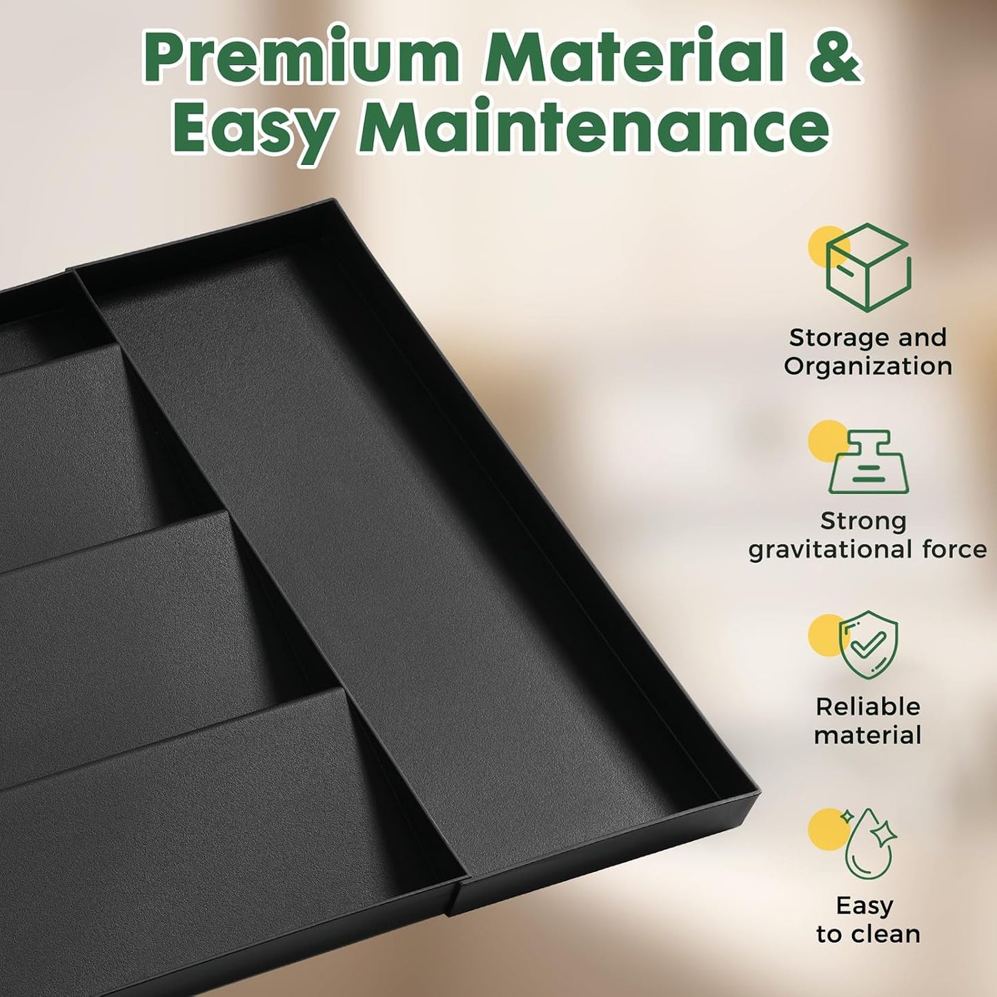 Expandable Drawer Organizer for Utensils & Office – 5 Compartment + 2 Utensil Slots, 11.8" to 23.4" Adjustable Black ABS Tray for Kitchen Flatware, Desk, Vanity & Junk Drawers
