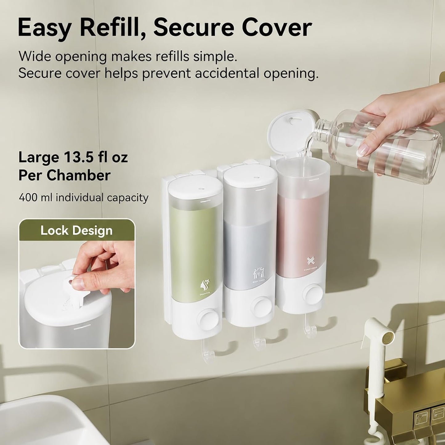 Shampoo and Conditioner Dispenser Wall Mounted with Hooks, 3-Chamber 1200ML Shower Soap Dispenser, No-Drill Bathroom Shower Organizer for Shampoo, Conditioner, Body Wash（Gun Grey）