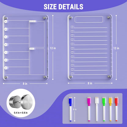 Acrylic Meal Planner Magnetic Menu Board for Kitchen Fridge, 13"x9" Clear Weekly Calendar Planning Board Noteboard Refrigerator Dry Erase Board to Do/Grocery/Shopping Lis Includes 6 Markers