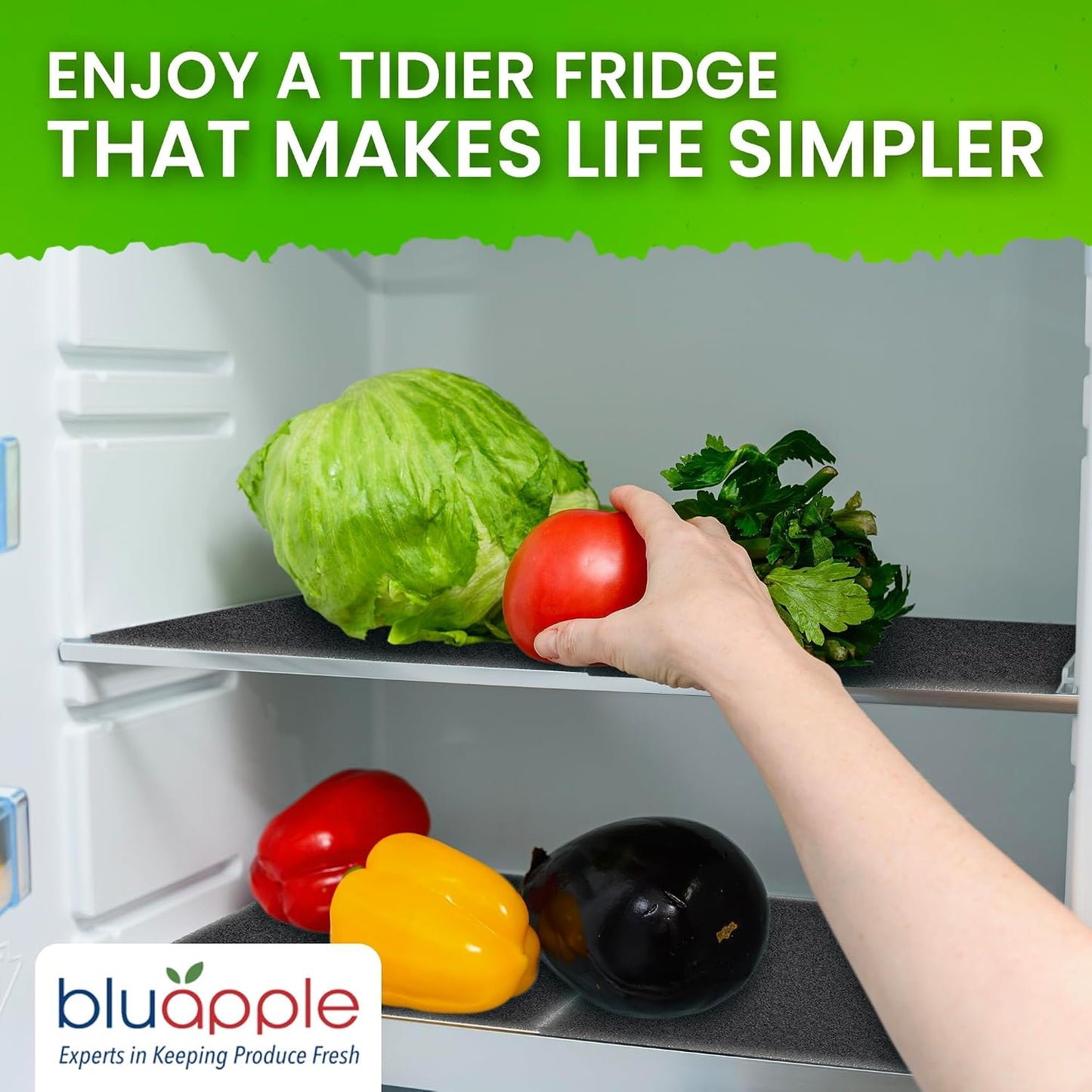 Bluapple FreshMats - Refrigerator Bin Liners, Fridge Drawer Mats - Keeps Produce Fresh Longer, Prevents Bruising, Promotes Air Circulation - BPA-Free Polyurethane Foam - (4-Piece Set, 12"x15", Green)