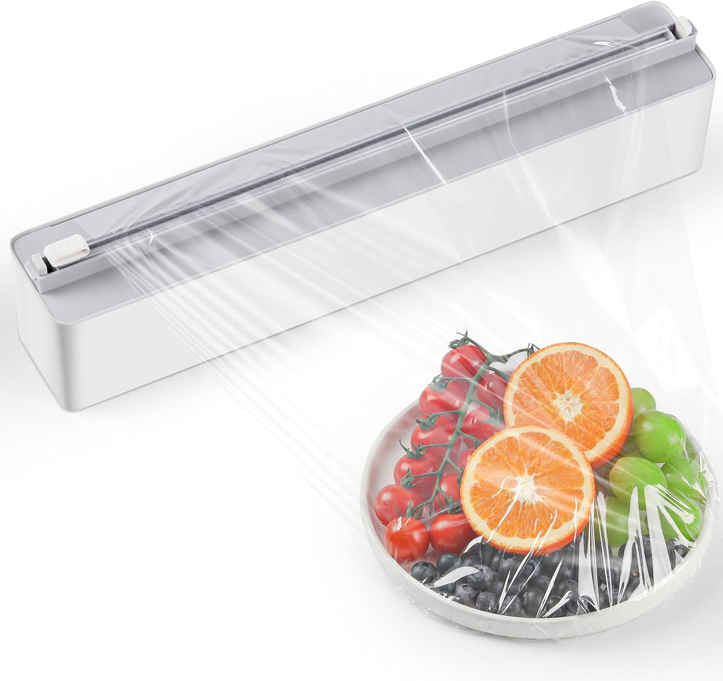 Magnetic Plastic Wrap Dispenser with Cutter - Practical Refillable Aluminum Tin Foil and Plastic Wrap Organizer for Drawer, Including an Extra Roll of 12"X 164' Food Cling Film - Black