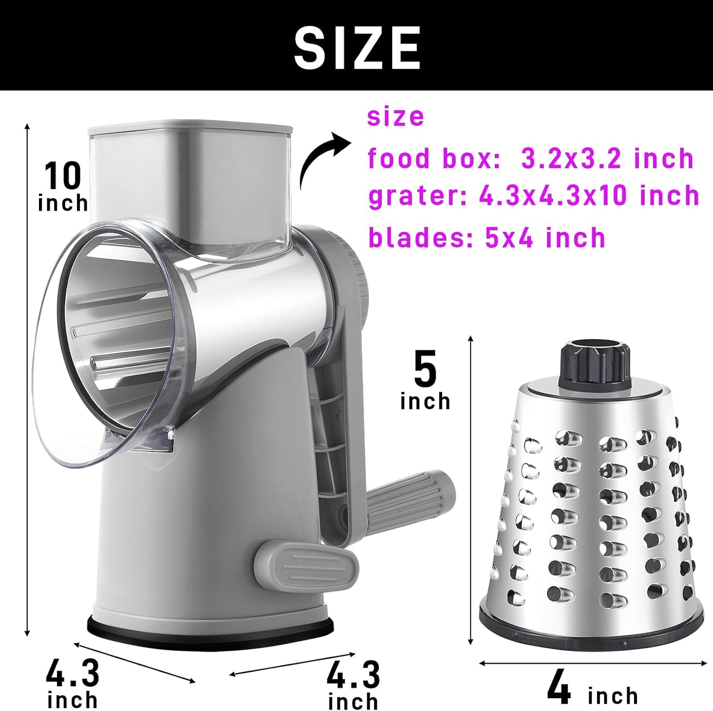 Weltonhm 4 in 1 Large Rotary Cheese Grater Hand Crank (black, 3 Graters) | Cheese Shredder Rotary and Slicer with 4 Stainless Steel Blades for Vegetables, Veggie and Cheese, Stronger Suction Base