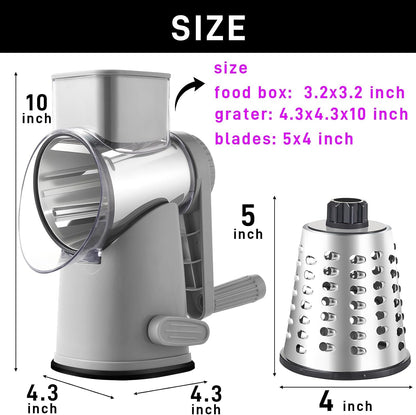 Weltonhm 4 in 1 Large Rotary Cheese Grater Hand Crank (black, 3 Graters) | Cheese Shredder Rotary and Slicer with 4 Stainless Steel Blades for Vegetables, Veggie and Cheese, Stronger Suction Base