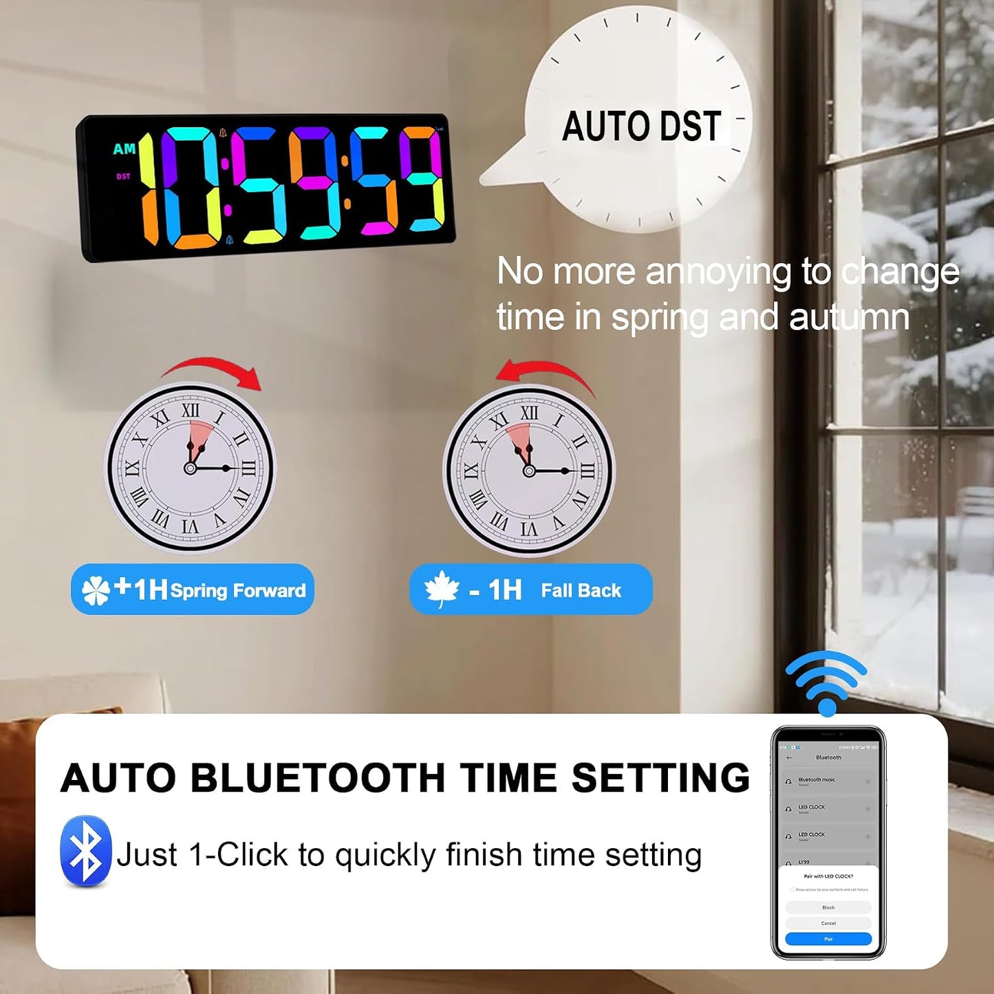 TXL 17.2" Bluetooth Digital Wall Clock with Seconds, Large Countdown Timer for Classroom Home Gym Kitchen Office, Alarm Clock with Remote Control, 4 Dimmable Brightness, Auto DST (RGB)