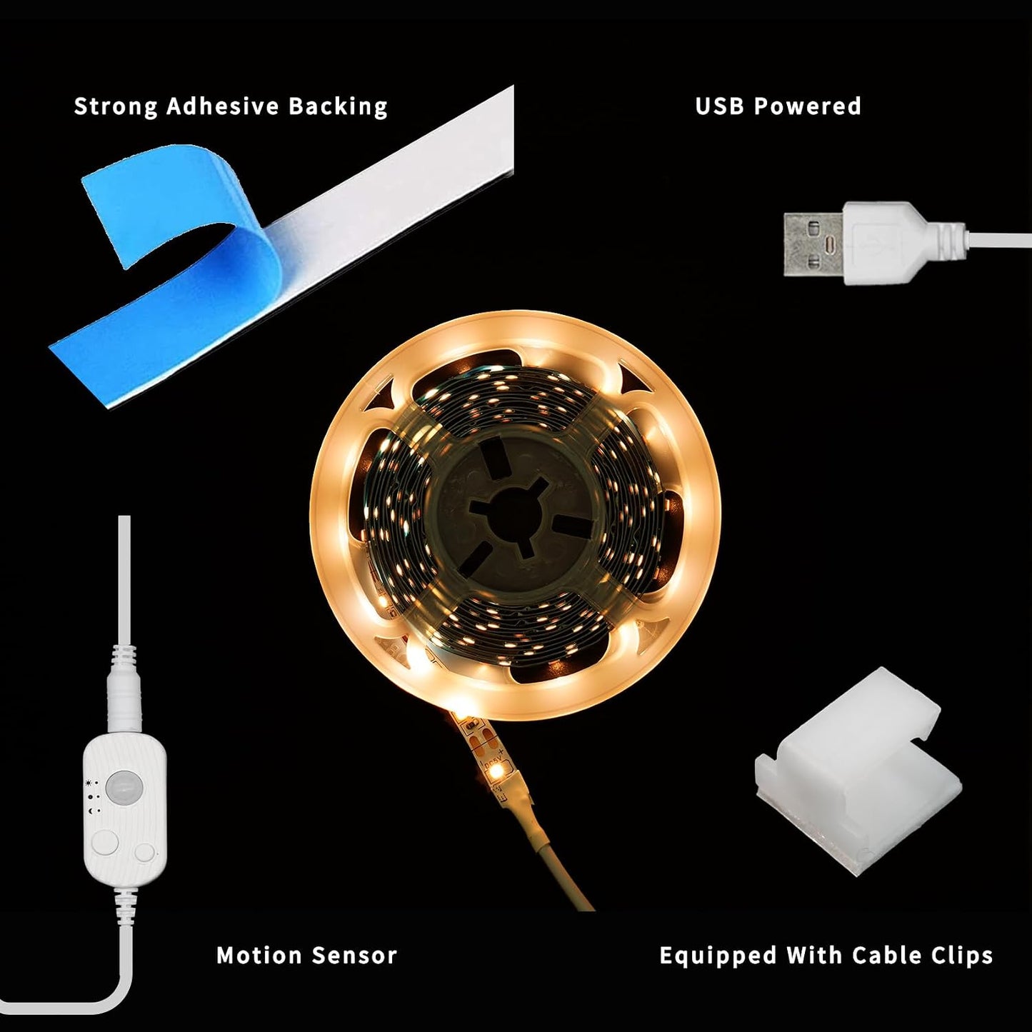 LED Light Strip Motion Sensor, USB Powered, Waterproof Rope Lights 6000K, Day and Night Modes Dimming, Indoor/Outdoor Use, Adhesive Tape 16.4ft