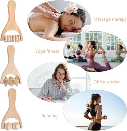 Abeillo 3Pcs Wooden Hand Massage Roller, Muscle Roller Stick, Manual Wood Therapy Massage Tools Massager Roller, for Relaxes Thigh, Leg, Hands Full Body Muscle Men Women