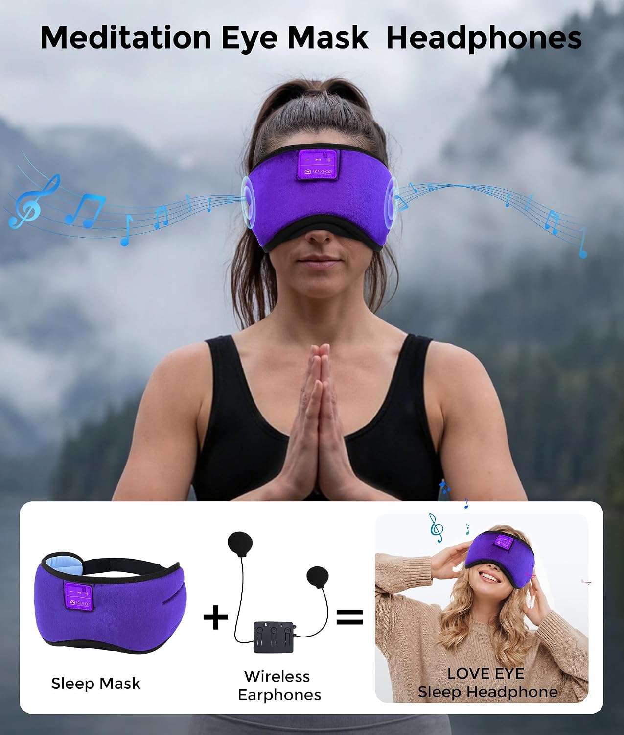 LOVE EYE Sleep Headphones Bluetooth 5.4 Sleeping Eye Mask Wireless Music Earphones with Built-in HD Speakers for Side Sleepers Cotton Sleeping Headphones for Women Men Gifts (Lavender Purple)
