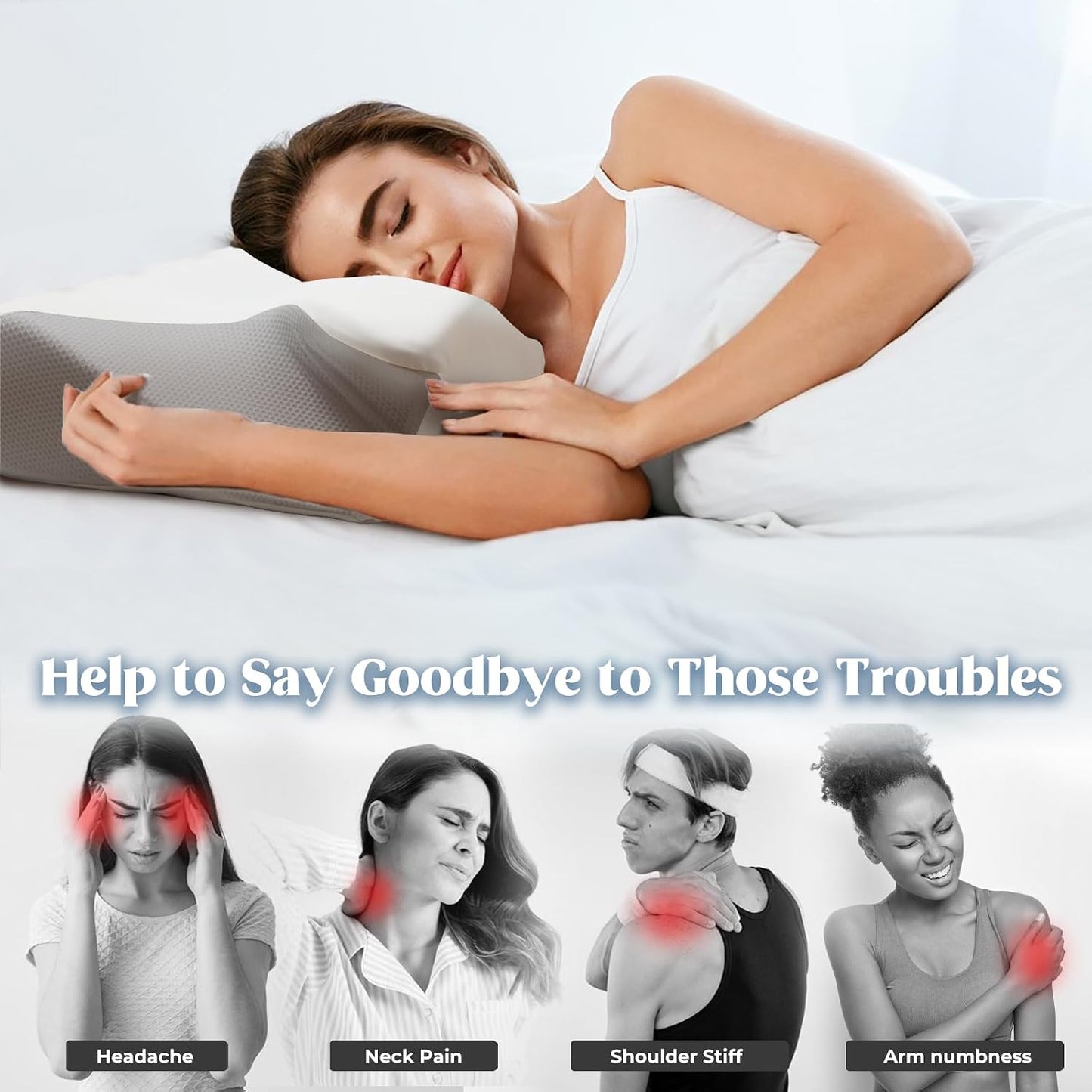 Cervical Pillow for Neck Pain Relief, Cooling Contour Memory Foam Pillows Support Odorless Ergonomic Neck Pillow Adjustable Orthopedic Bed Pillow for Side Back Stomach Sleeper with Pillowcase,Snow