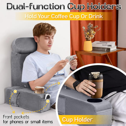 MOON PINE Reading Pillow for Adults, Memory Foam Backrest with Detachable Arms - Bed Pillow for Sitting Up, Built-in Cup Holder & Phone Pocket (Gray, 19 inch)
