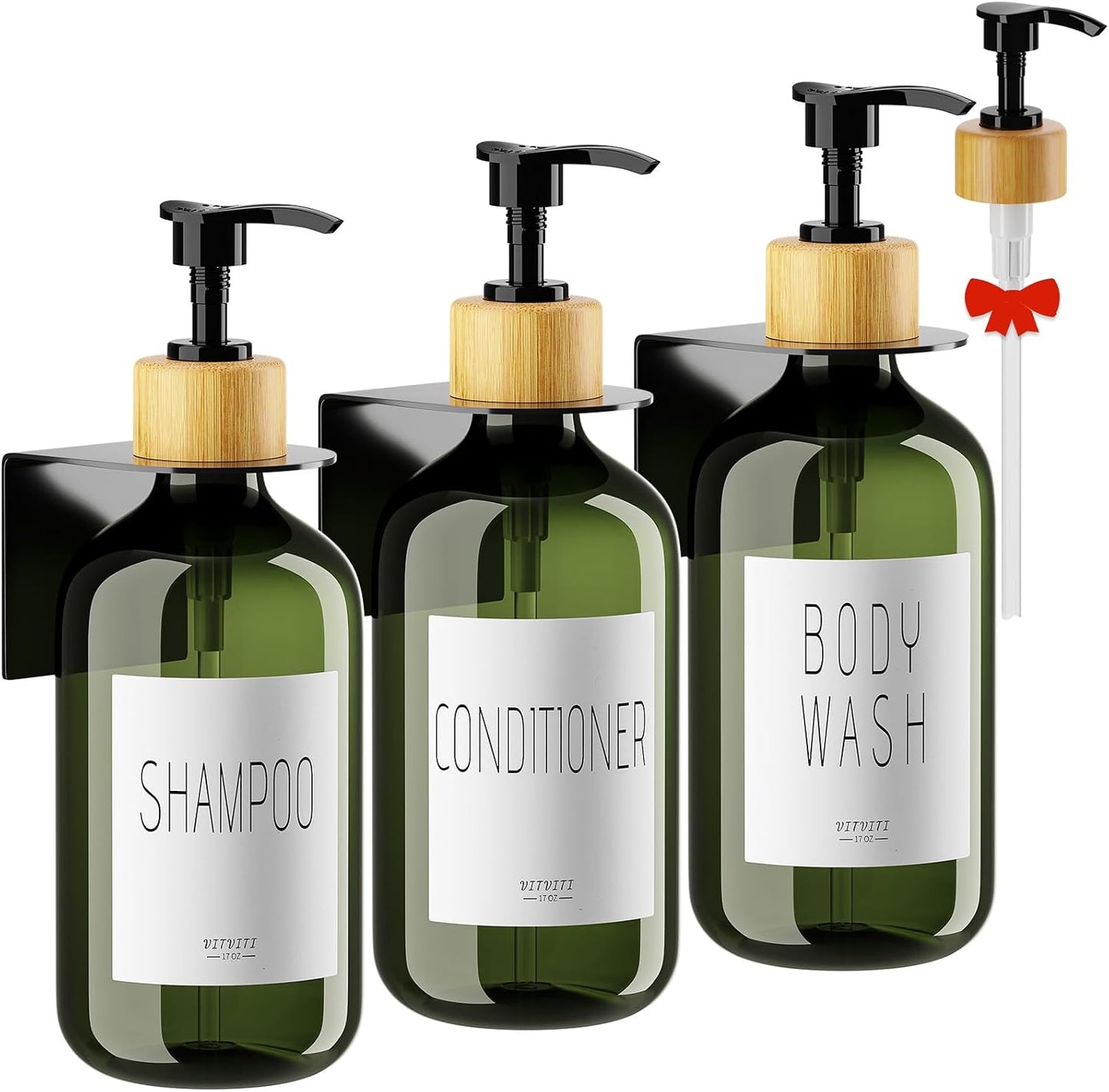 VITVITI Shampoo and Conditioner Dispenser 3 Chamber for Shower Wall, White | Refillable Body Wash Shower Soap Dispenser Wall Mounted, Drill Free 17oz Plastic Shower Bottles for Bathroom, Set of 3