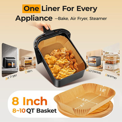 125Pcs 8 Inch Square Air Fryer Liners Disposable for 5-8QT, Parchment Paper | Non-Stick, Unbleached Food Grade, Waterproof Oilproof Baking Airfryer Sheets Papers for Oven, Microwave, Baking, Roasting