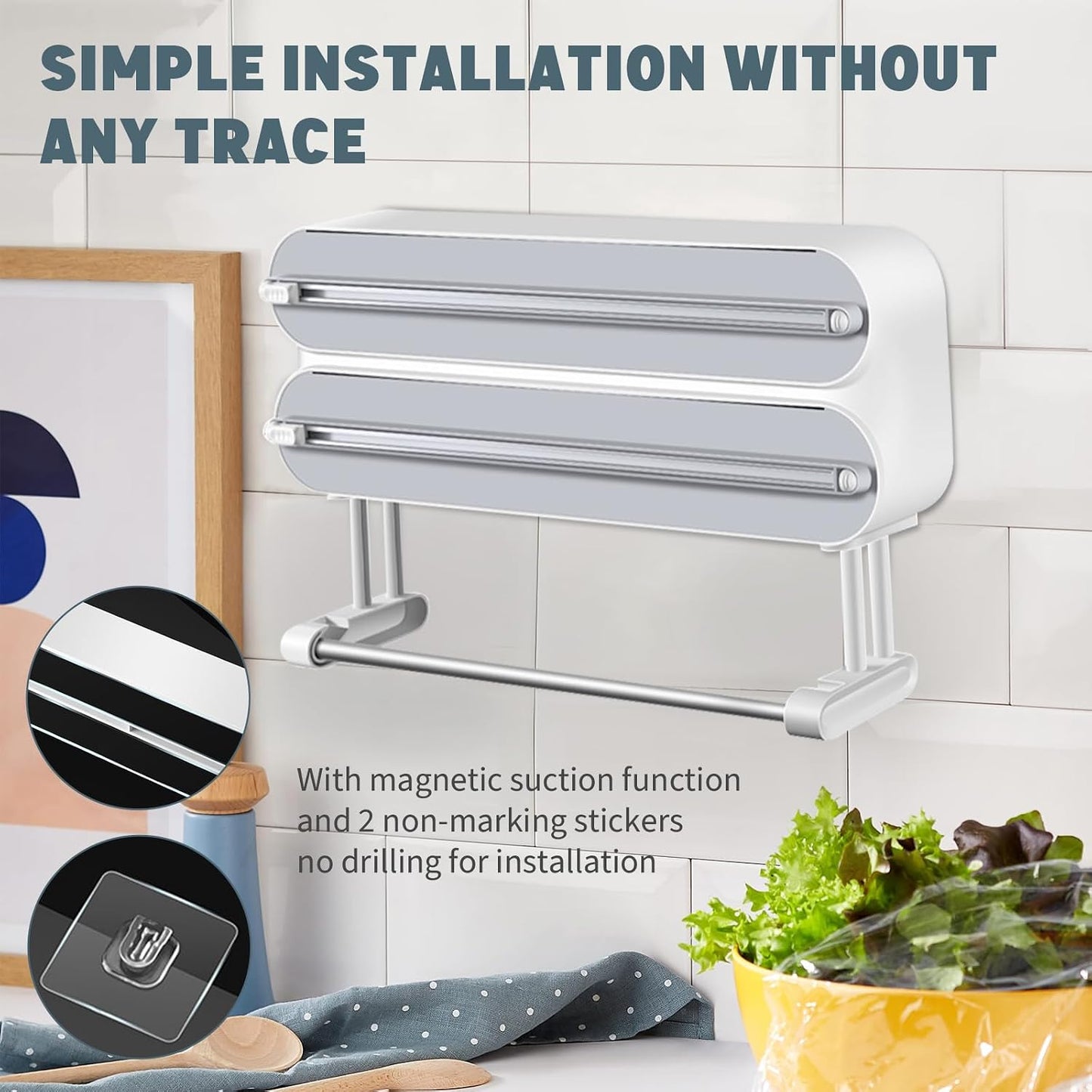 AUSTUFF 3 in 1 Plastic Wrap Dispenser with Cutter Magnetic Aluminum Foil | Wall Mount Kitchen Wrap Organizer, Cling Wrap Dispenser with Paper Towel Holder and Cutter