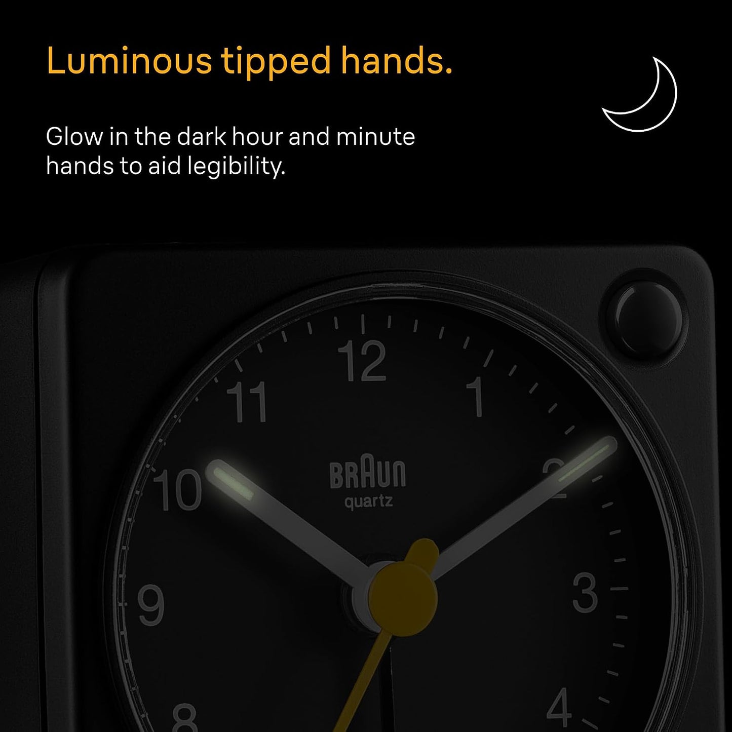 Braun Classic Travel Analogue Alarm Clock with Snooze and Light, Compact Size, Quiet Quartz Movement, Crescendo Beep Alarm in Black, Model BC02XB.
