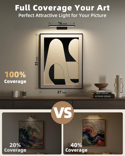 EZVALO Picture Light for Wall, 4800mAh Rechargeable Wireless Gold Light with IR Remote, Dimmable Magnetic LED Art Display Light with 3 Color Temperatures, for Gallery, Living Room, Bedroom(2Pack)