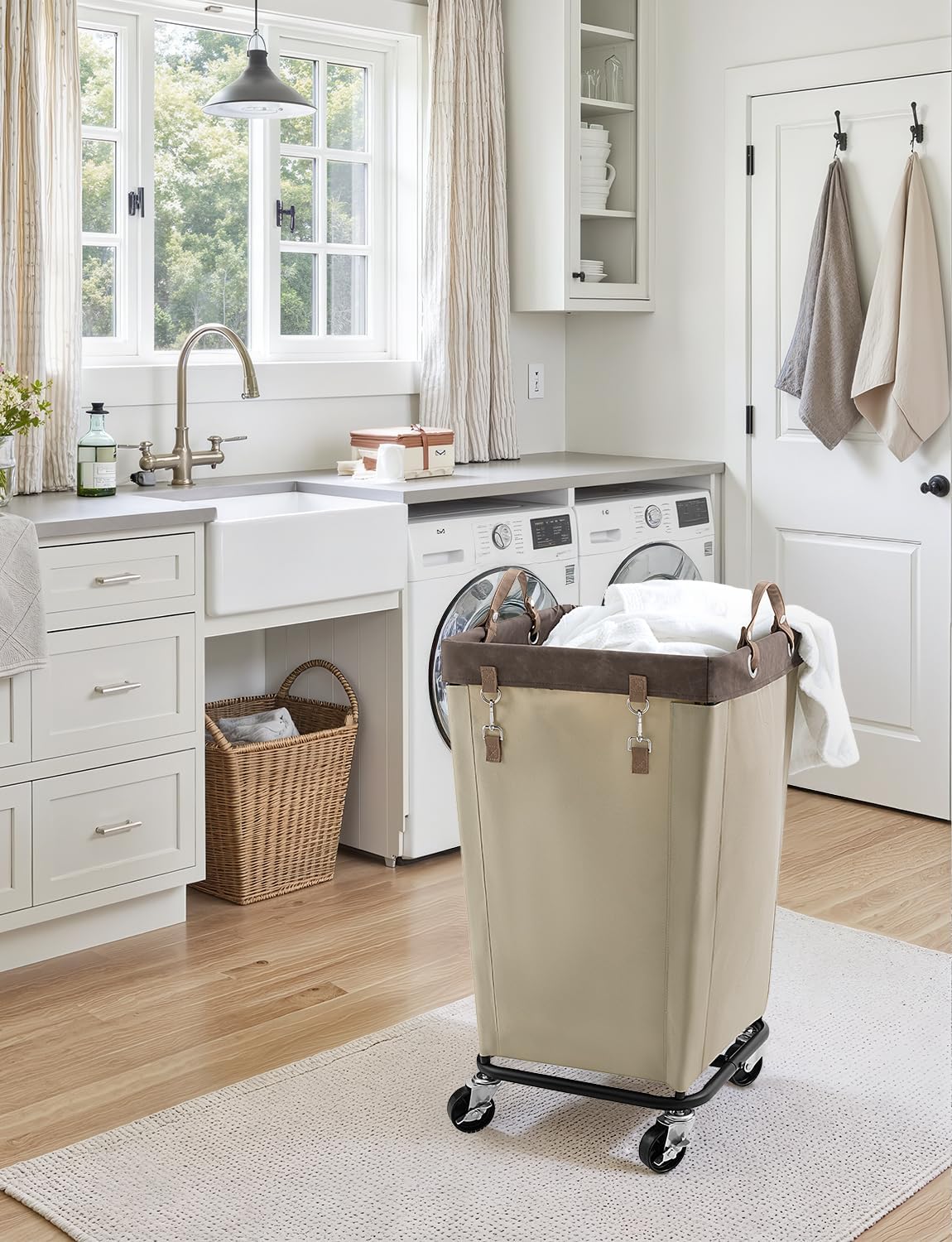 StorageWorks 160L Laundry Basket with Wheels, Rolling Hampers for Clothing | Beige Laundry Basket with Wheels, Metal Frame & Handles, Rolling Hamper for Bedroom, Bathroom, Dorm, Hotel