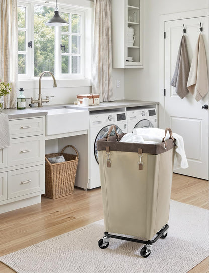 StorageWorks 160L Laundry Basket with Wheels, Rolling Hampers for Clothing | Beige Laundry Basket with Wheels, Metal Frame & Handles, Rolling Hamper for Bedroom, Bathroom, Dorm, Hotel