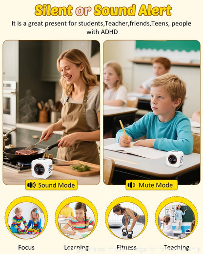 Digital Pomodoro Timer Cube 5/10/25/50min Preset, Silent & Sound Alarm | Visual Productivity Flip Timer for Kids Classroom Desk, Custom Countdown, Gravity Sensor, for ADHD Study Work Game Kitchen