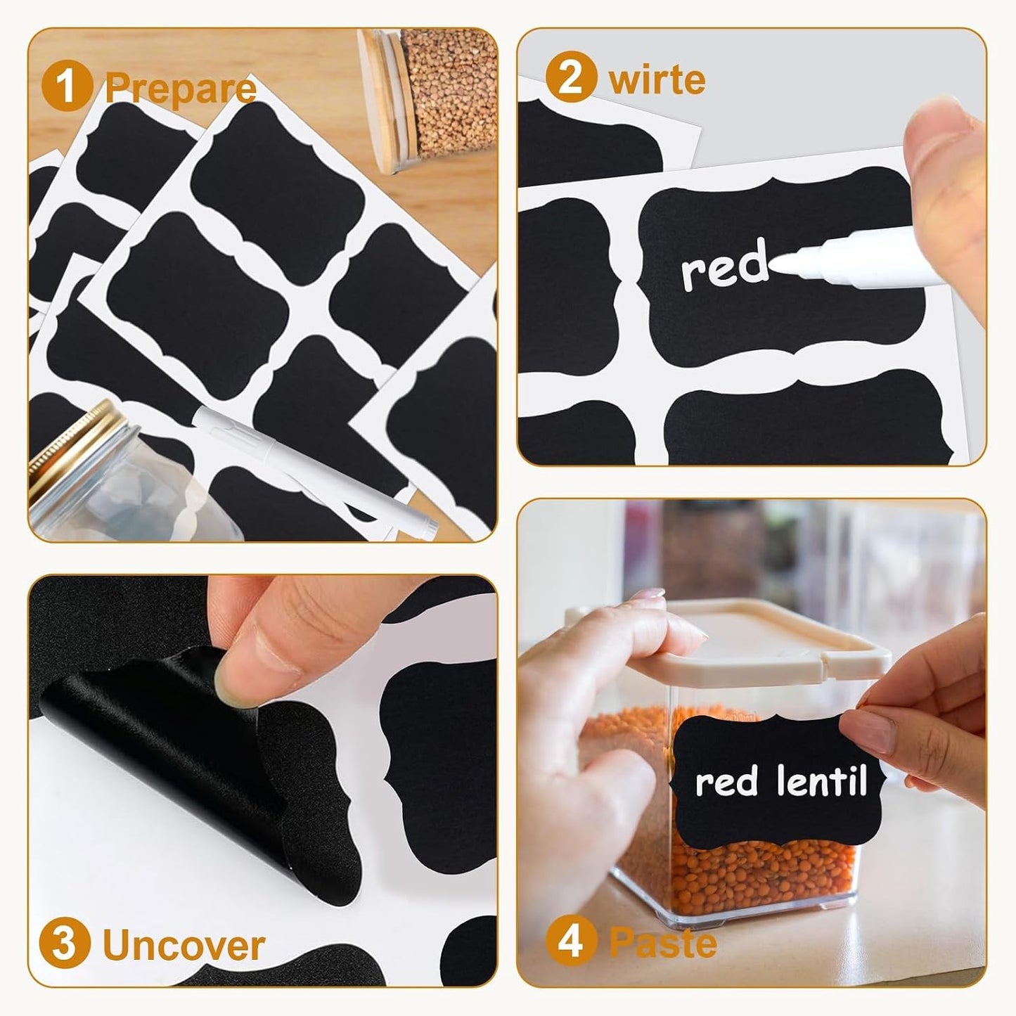 200PCS Chalkboard Labels, 13 Shapes & 3 Sizes, Reusable Blackboard Stickers | Includes 1 Liquid Chalk Marker, for Pantry Jars, Food Containers, Spice Racks & Organization