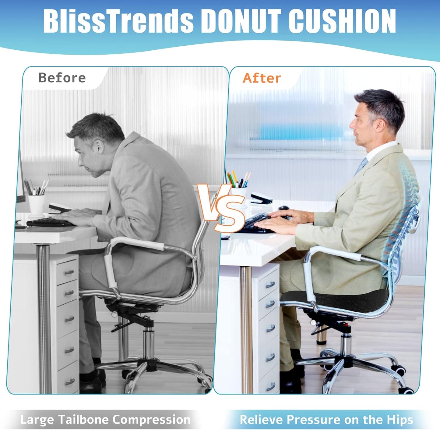 BlissTrends Donut Pillow Seat Cushion, Memory Foam Lifting Cushions(Black) | Donut Chair Cushions for Postpartum Pregnancy & Hemorrhoids,Tailbone Pain Relief Cushion for Office&Home Chairs