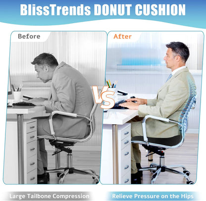 BlissTrends Donut Pillow Seat Cushion, Memory Foam Lifting Cushions(Black) | Donut Chair Cushions for Postpartum Pregnancy & Hemorrhoids,Tailbone Pain Relief Cushion for Office&Home Chairs