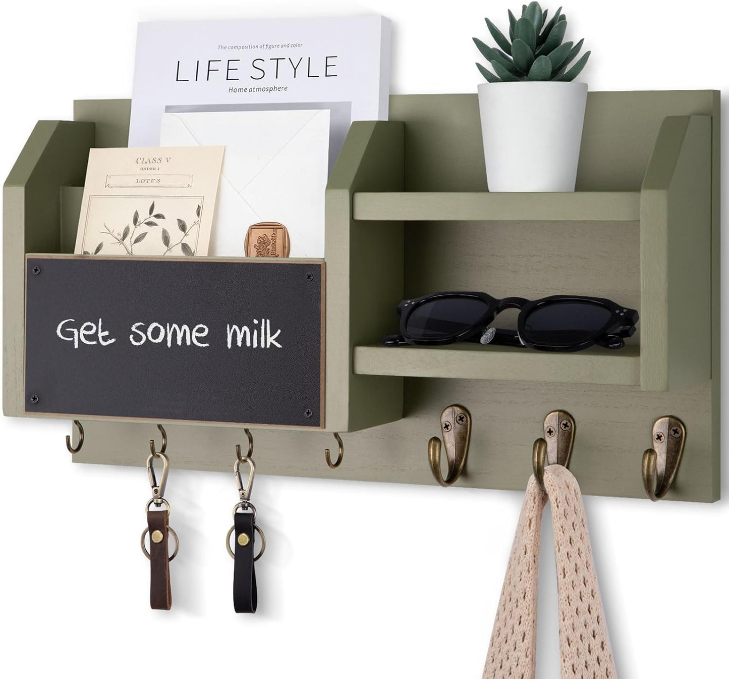 Lwenki Mail and Key Holder – Wall Mount Key Hanger with Shelf and 7 Metal Hooks – Decorative Natural Paulownia Wood Entryway Organizer with Mounting Hardware (16.5”W x 8.7”H x 3.5”D) (Brown)