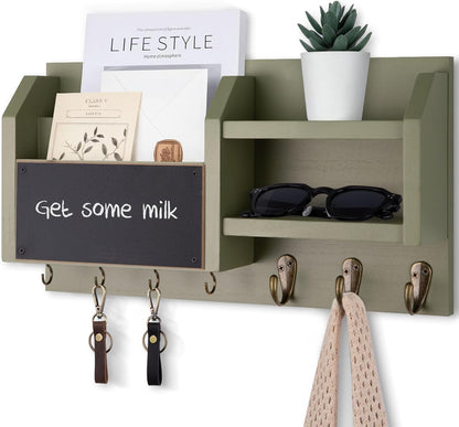 Lwenki Mail and Key Holder – Wall Mount Key Hanger with Shelf and 7 Metal Hooks – Decorative Natural Paulownia Wood Entryway Organizer with Mounting Hardware (16.5”W x 8.7”H x 3.5”D) (Brown)