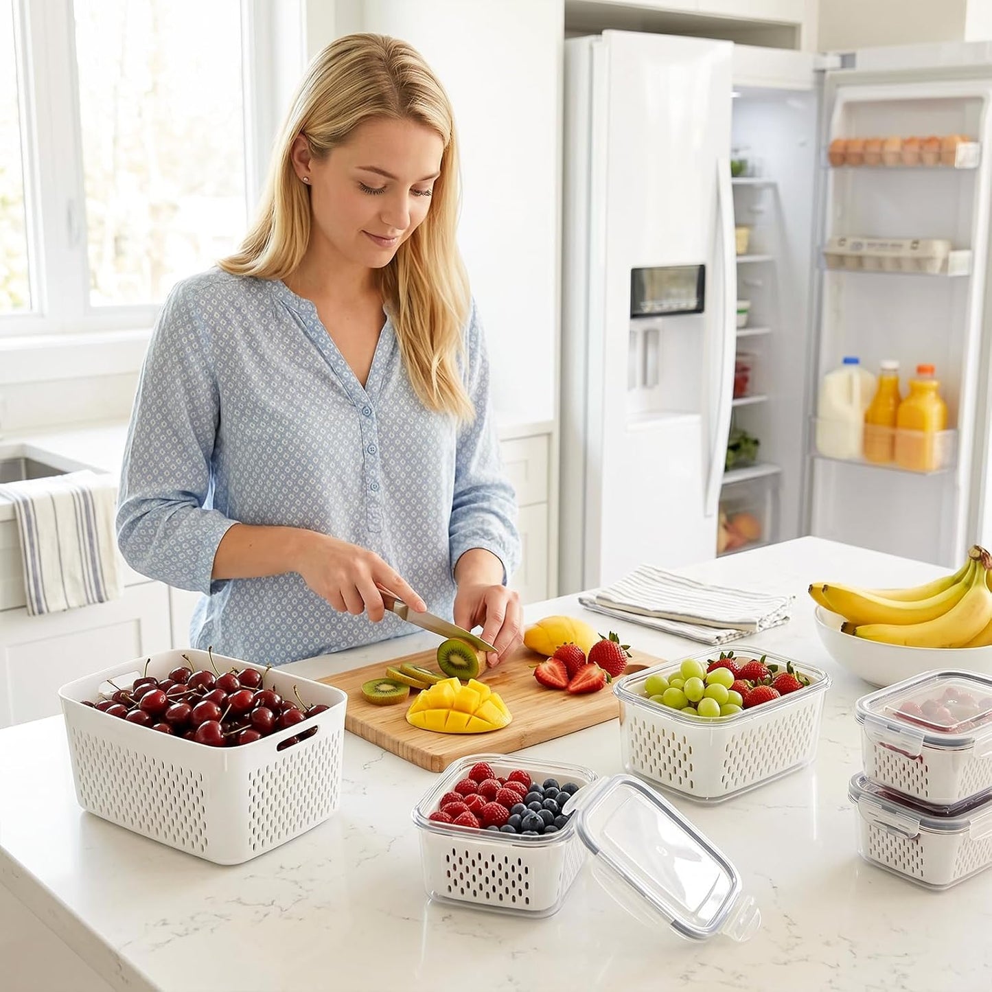 Berry keeper Fruit Storage Containers for Fridge with Removable Colander | 4 in 1 Food Storage Containers with Lids, Dishwasher Safe Easy to Clean, Keep Strawberry and Other Fruit Fresh Longer, 4PCS