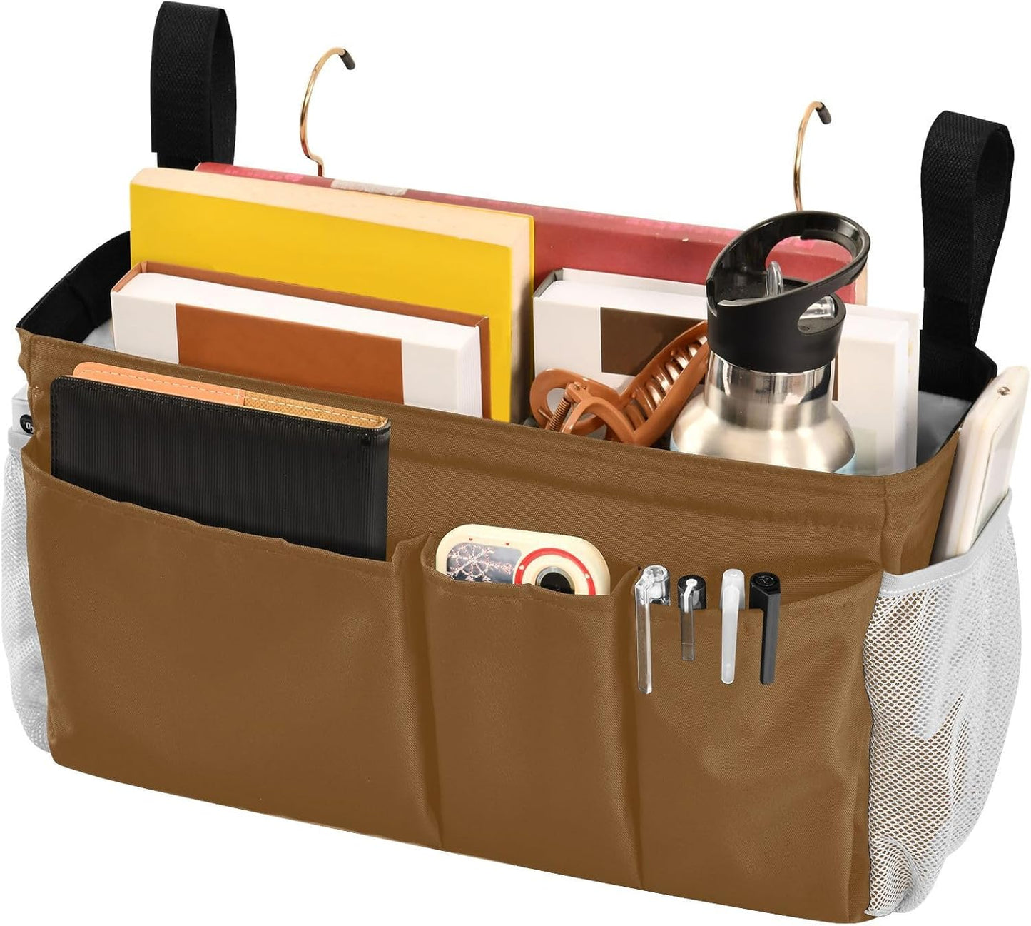 Black Bedside Caddy Storage Bag Bedside Organizer for Bed Rails College Dorm Room Organizer Caddy Hanging Shelf 6 Pockets with Hooks for Drinks Magazine Phone Holder