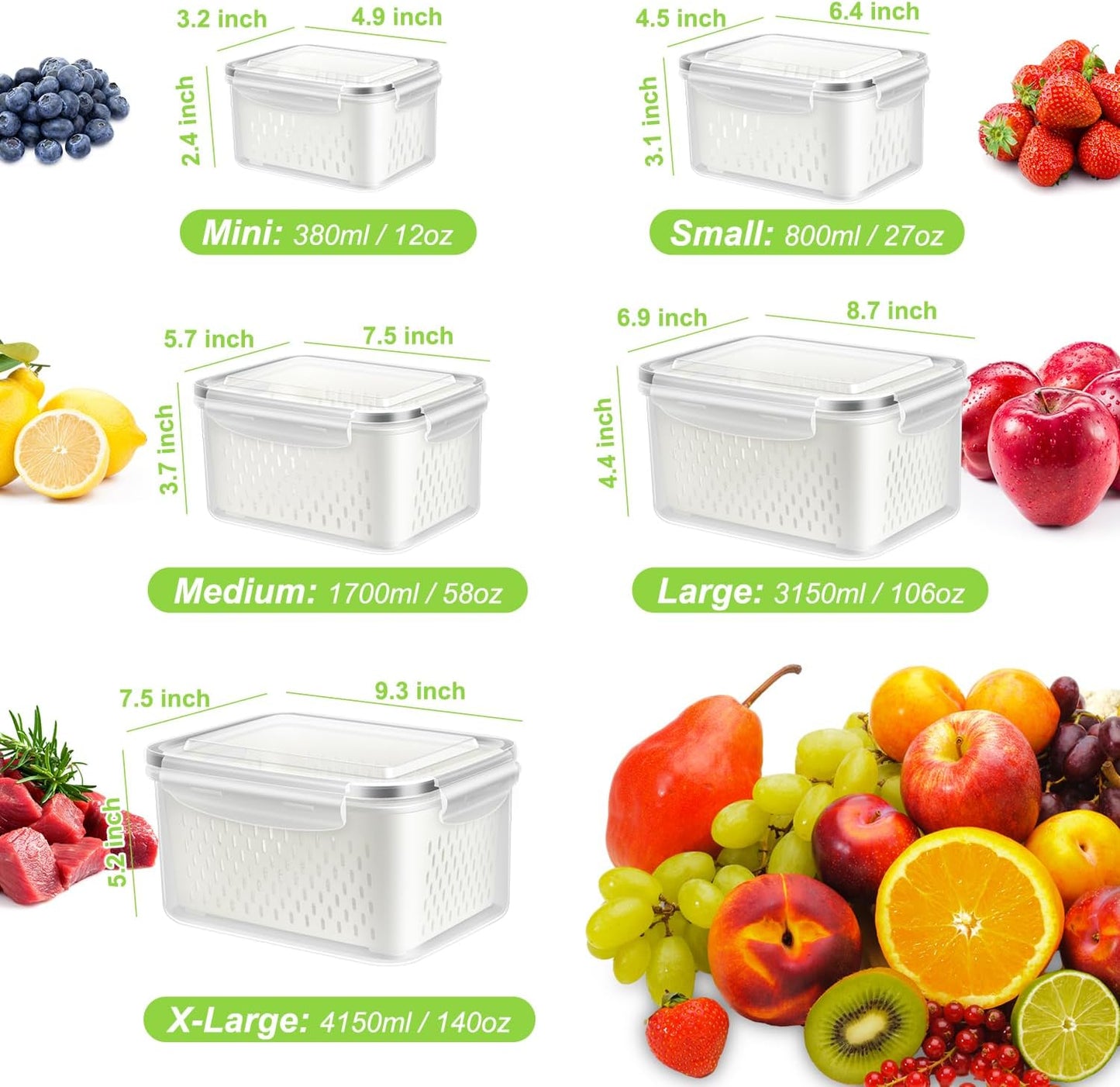 8 Pieces Fruit Storage Containers for Fridge with Lids and Strainer | 4Pack Fruit Containers for Fridge, Fresh Produce Saver Keeper for Vegetable Fruit Salad, BPA Free Organizer for Refrigerator