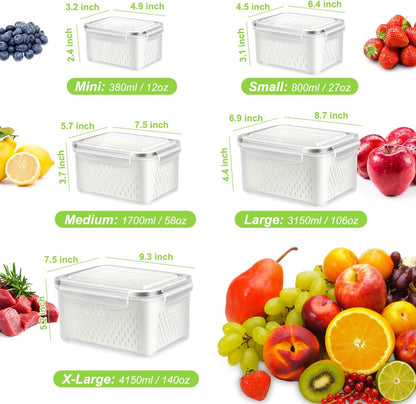8 Pieces Fruit Storage Containers for Fridge with Lids and Strainer | 4Pack Fruit Containers for Fridge, Fresh Produce Saver Keeper for Vegetable Fruit Salad, BPA Free Organizer for Refrigerator