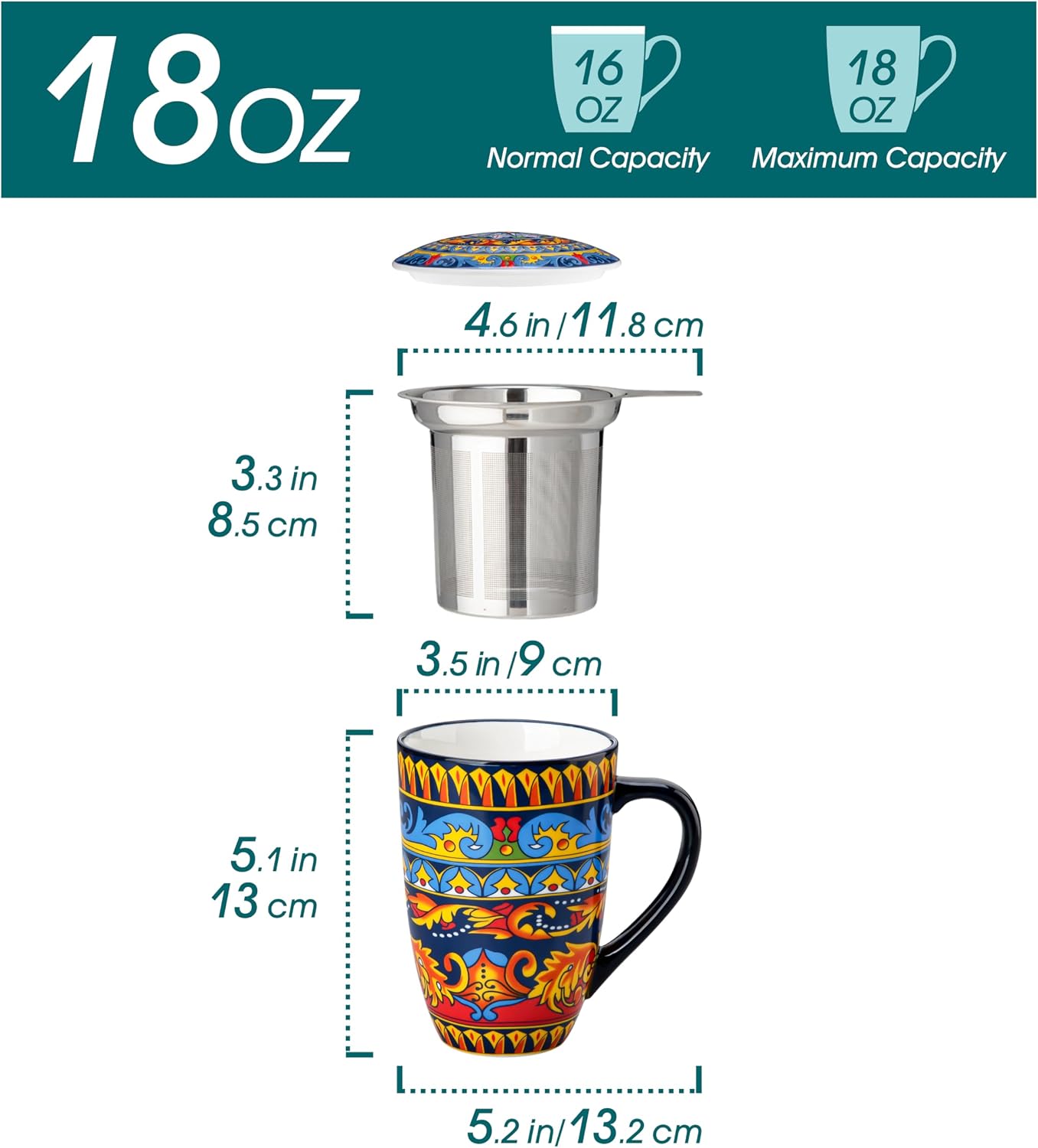 vancasso 18 Oz Tea Infuser Mug with Lid, Mint Petal Whirl | Eye catching Bohemian pattern, adds charm to any tea corner, ceramic mug with infuser, microwave and dishwasher safe