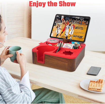 Couch Cup Holder Tray, Real Acacia Wooden Caddy with Soft Silicone, Snack and Drink Organizer- Perfect Movie Night Accessories for Bed, Remote and Cup Holders for Sofa (Black)
