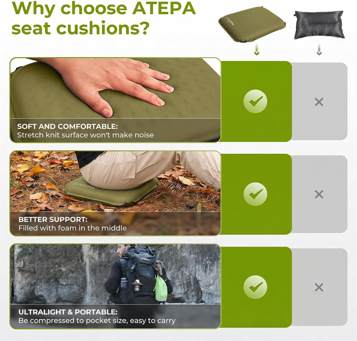 ATEPA Inflatable Seat Cushion | 2" & 2.5" foam core seat pad, Self inflating, Compact, Stadium, Airplane, Travel, Camping, Hiking, Sports events