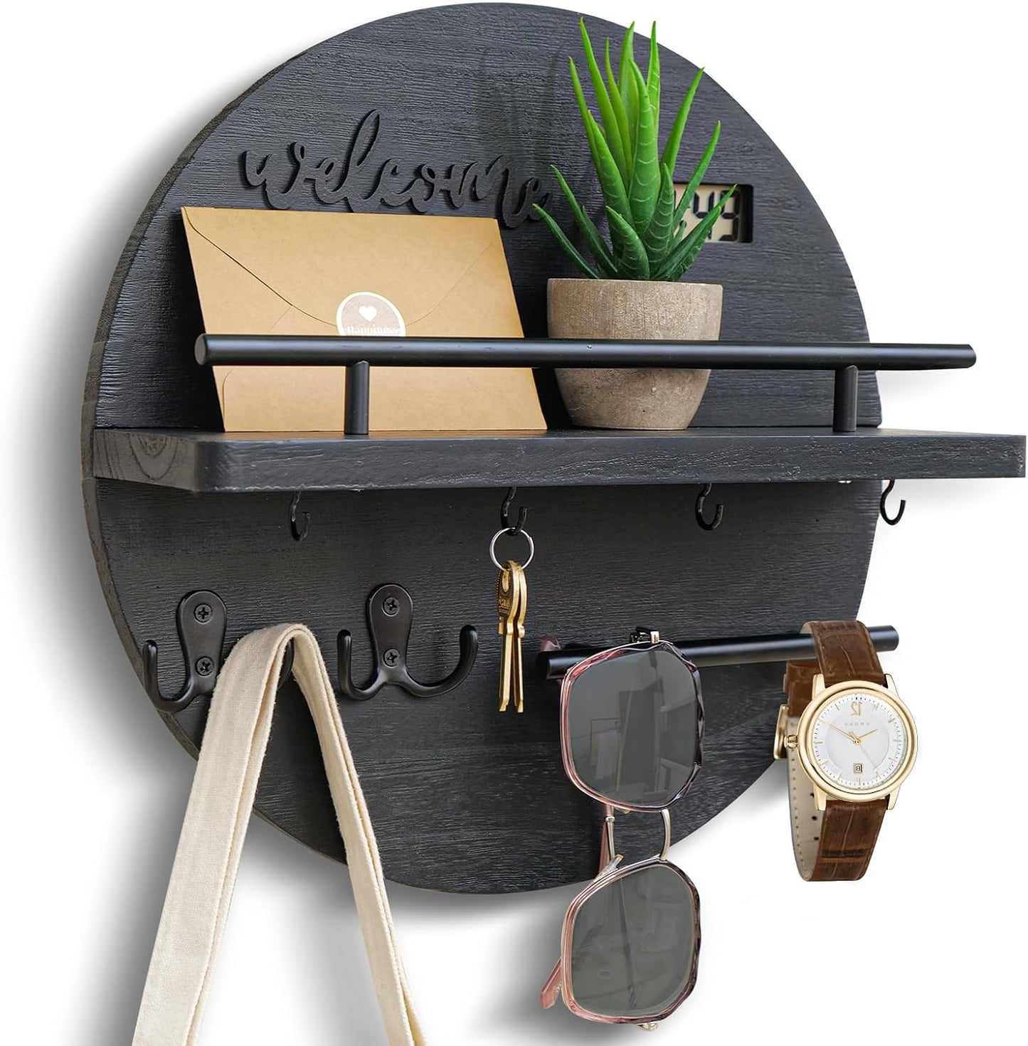 Key Holder for Wall, Key and Mail Holder Organizer with - Key Holder Wall Mount - Round Wooden Rustic Home Decor for Entryway, Mudroom, Hallway, Kitchen Office (Black)