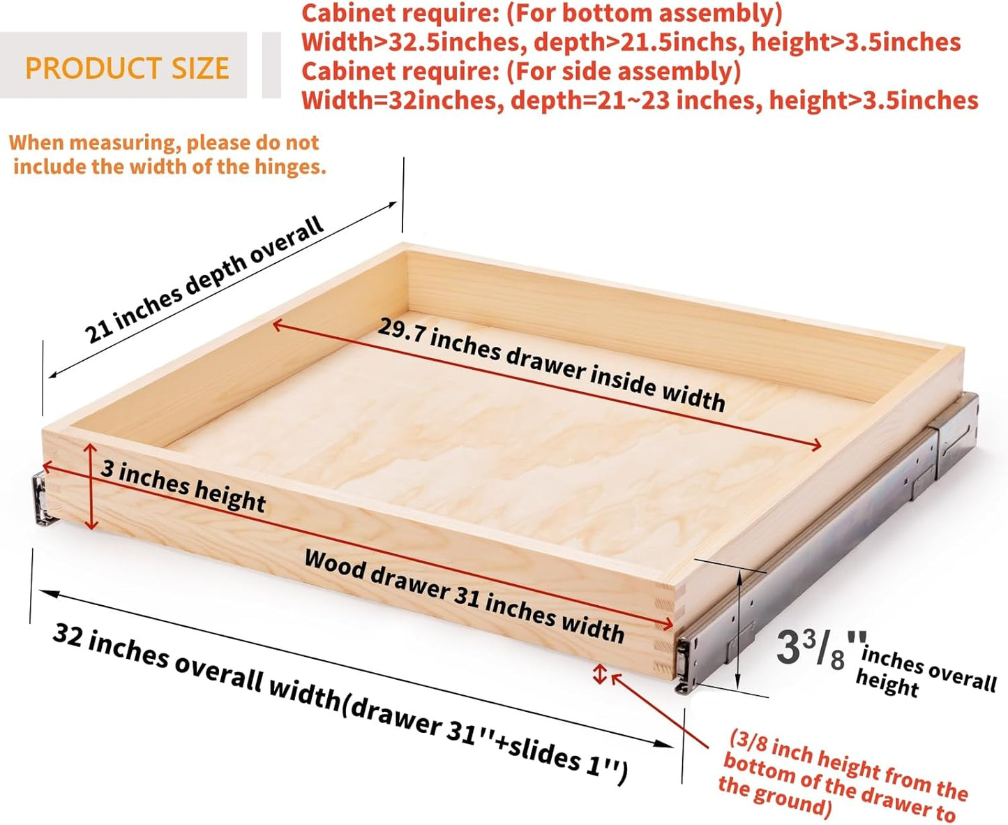 32''W x 21''D x 3''H Pull Out Cabinet Drawer Soft Close Slide Out Wood Organizer for Kitchen, Finished, Bottom and Side Assembly (Wood Drawer Part Width is 31inch)