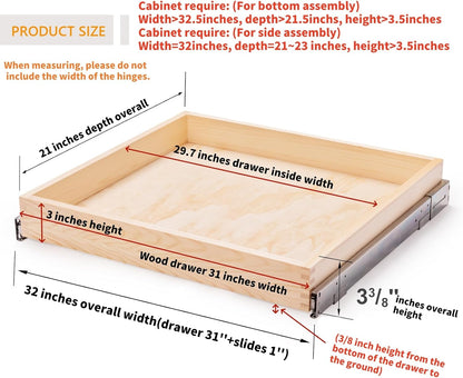 32''W x 21''D x 3''H Pull Out Cabinet Drawer Soft Close Slide Out Wood Organizer for Kitchen, Finished, Bottom and Side Assembly (Wood Drawer Part Width is 31inch)