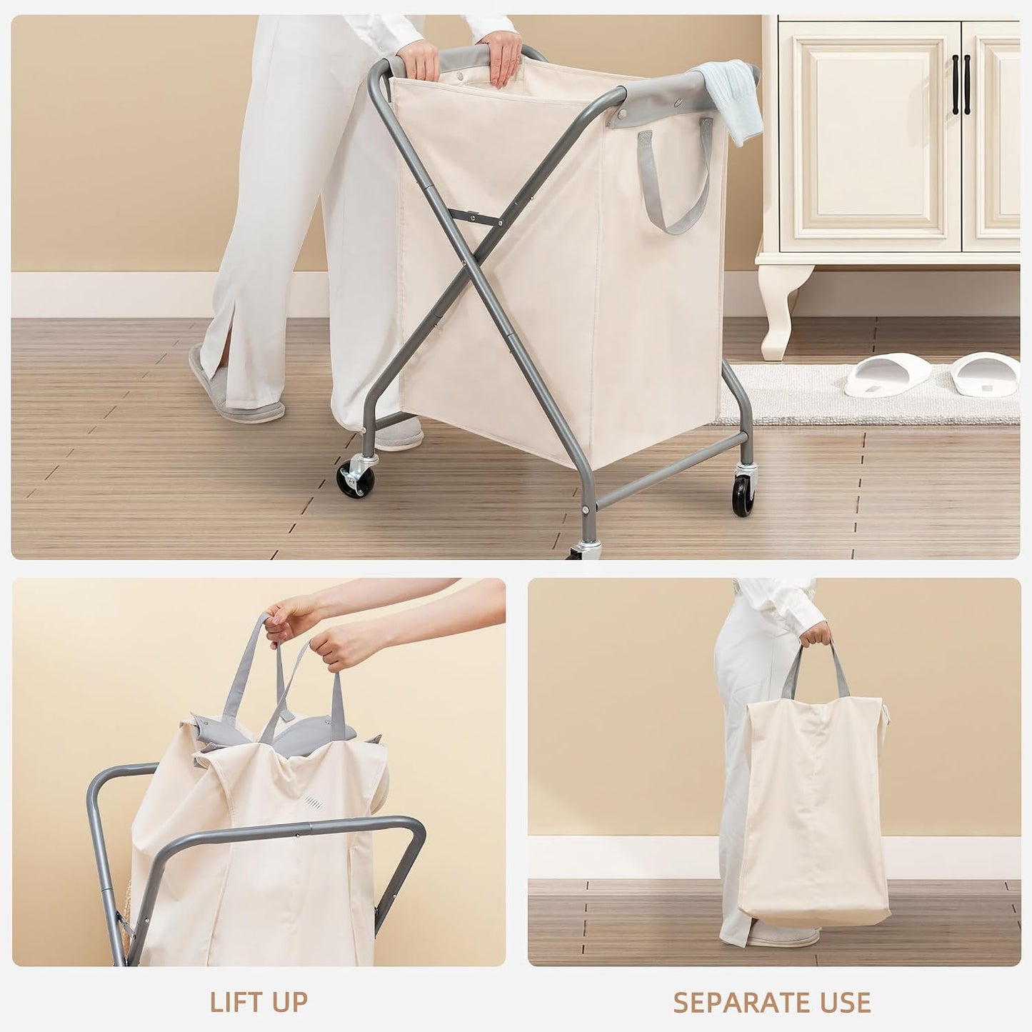 STORAGE MANIAC 160L Collapsible Laundry Hamper with Wheels, Rolling Laundry Basket, Heavy Duty Cloth Sorter with Removable Bag, Folding X Frame Clothes Organizer Cart for Easy to Store, 3 Section