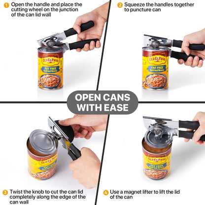 UHIYEE Heavy Duty Hand Can Opener with Comfortable Grip for Seniors, Black | Manual Can Opener, Hardened Steel Blade, Rubber-Coated Handle, Oversize Knob, Built-in Magnet & Bottle Opener