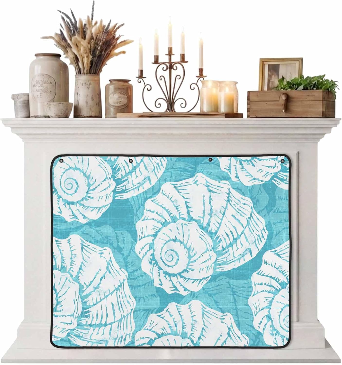 Magnetic Fireplace Cover Navy Blue Coastal Shells Fireplace Screen Decorative Ocean Conch Marine Life Insulation Fireplace Blocker Save Energy Fireplace Draft Stopper Covers for Living Room 36x30 Inch