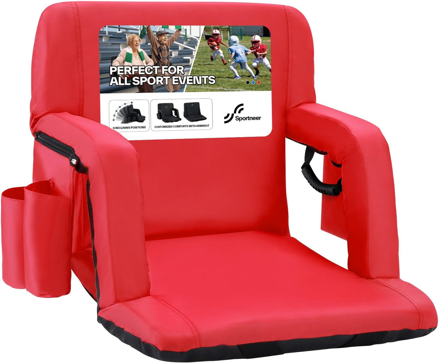 Sportneer Stadium Seats with Back Support: 2.5'' Thick Comfy Cushion 6 Adjustable Angle Bleacher Seat with Armrest - 2 Large Pockets, 2 Cup Holders Stadium Chair for Sport Events Concerts Parks