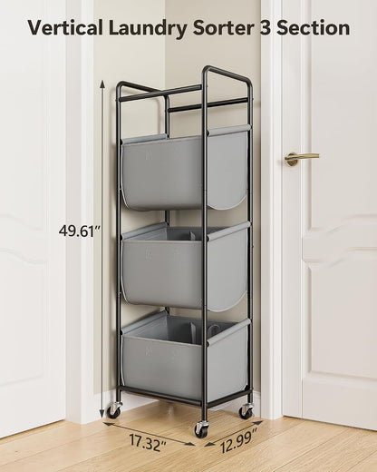3 Section Laundry Sorter with Removable Bags, 120L Rolling Vertical Laundry Hamper, Stackable Laundry Baskets organizer for Bathroom, Apartment, Dorm (Beige, With Wheel)