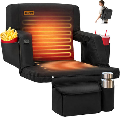 Overmont Heated Wide Stadium Seats 2 Pack, Dual-Zone Heat | 3 Heat Levels with Independent Control, 6 Recline Positions, Soft Cushion, Hooks and Pockets for Sport Camping Concerts