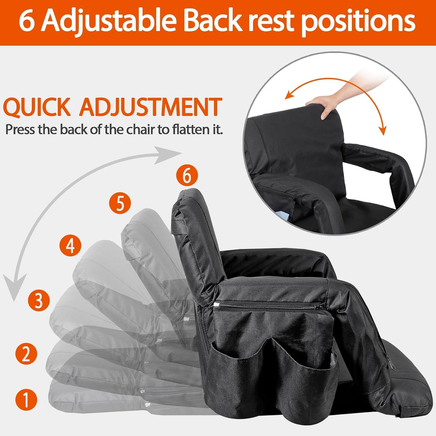 LEMY 20.5"/ 25" Wide Adjustable Stadium Seat for Bleachers Portable Water Resistant Stadium Chair with Back/Arms/Cushion for Outdoor or Indoor