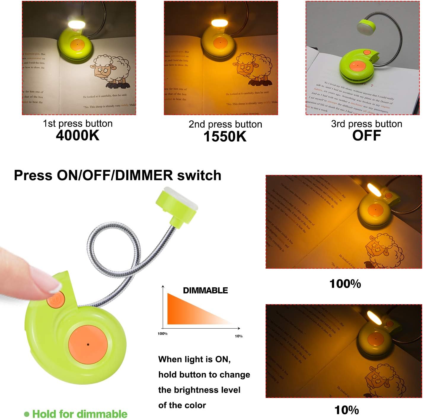 Kids Rechargeable Book Light, Clip on Reading Light for Kid, Kids Reading Lights, Amber Book Light for Reading in Bed, 2 Lighting Modes, Blue Light Blocking, Bookmark Light for Bookworms-Green