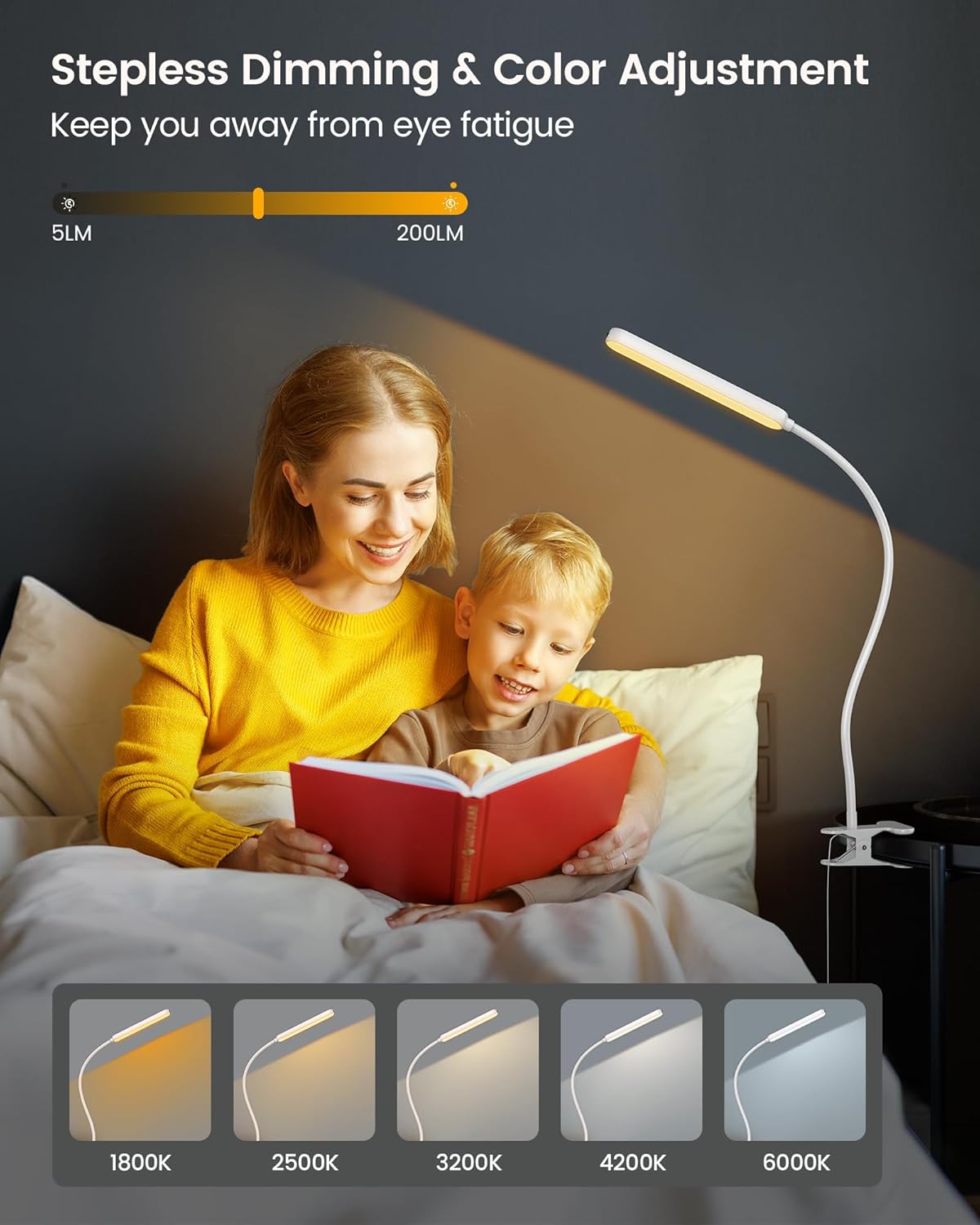 Glocusent Clip On Light, 5W Eye Caring Book Lights for Reading | 5 Color & 5 Brightness with a Remote, 30-Min Auto Off Timer, Multi-Purpose Clip Lamp for Bed Reading/Studying/Working