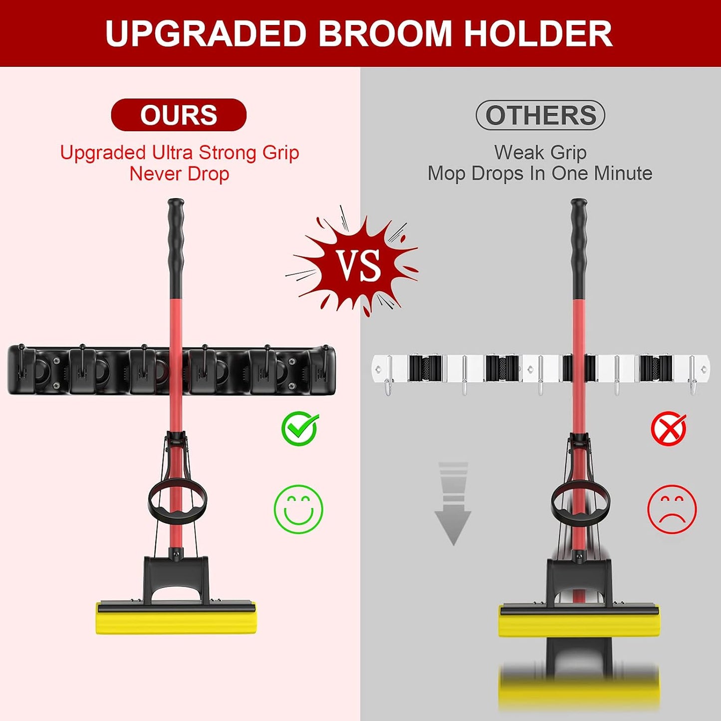 LETMY Broom Holder Wall Mounted - Mop and Broom Hanger Holder - Garage Storage Rack & Garden Tool Organizer - 5 Position 6 Hooks for Home, kitchen, Garden, Tools, Garage