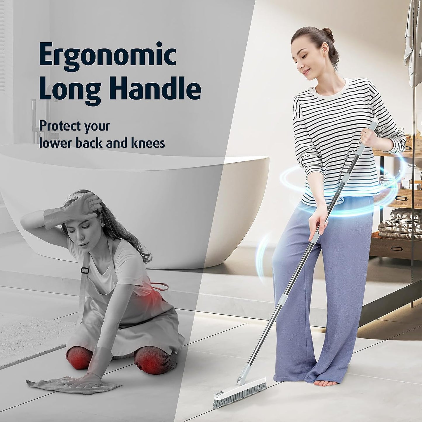 AIR U+ Heavy Duty Grout Scrub Brush with Long Handle & Hair Clip | 180° Swivel Scrub Brush V-Shape Grout Line Scrubber Stiff Bristles for Deep Cleaning Crevice, Tile Line, Corners