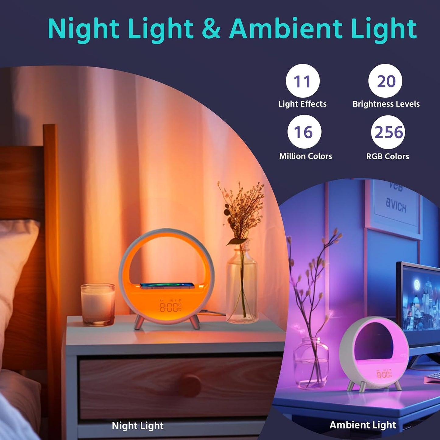 MOMILLA Smart Sunrise Alarm Clock with Wireless Charging Station, App Control Wake-Up Light & White Noise Sound Machine, Bluetooth Speaker, Compatible with Airpods/iPhone for Bedrooms & Heavy Sleepers | Bluetooth Speaker App Control,Wake-Up Light,White